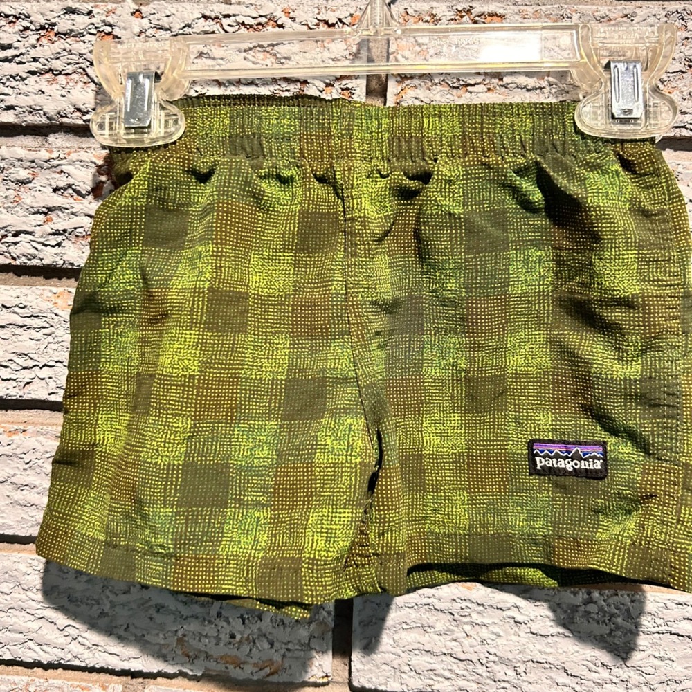 Patagonia Baby Baggies Shorts Green Brown Checkered Grid 6M Nylon Kids